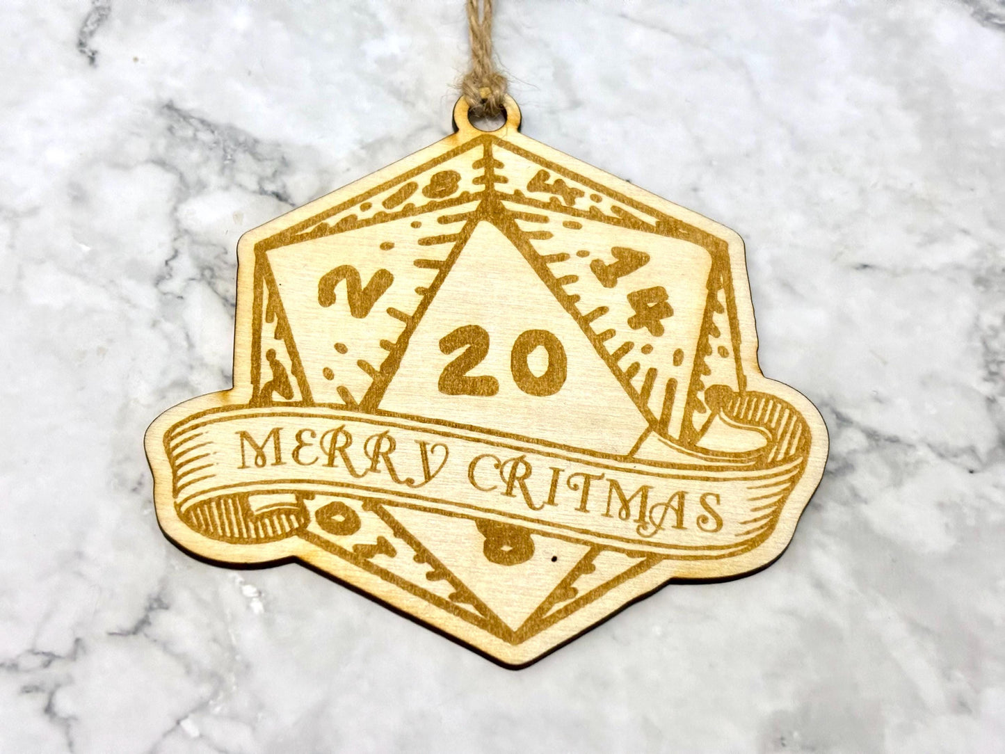 Merry Critmas D20 Dice Christmas Bauble, Critical Hit Wooden DnD Christmas Ornament - Resplendent Aurora