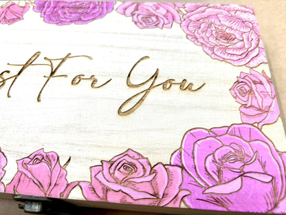 Engraved and Paint Your Own Wooden Gift Box with Personalised Message. Multiple designs - Sunflowers, Roses, Ferns, Crayons - Resplendent Aurora