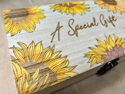 Engraved and Paint Your Own Wooden Gift Box with Personalised Message. Multiple designs - Sunflowers, Roses, Ferns, Crayons - Resplendent Aurora