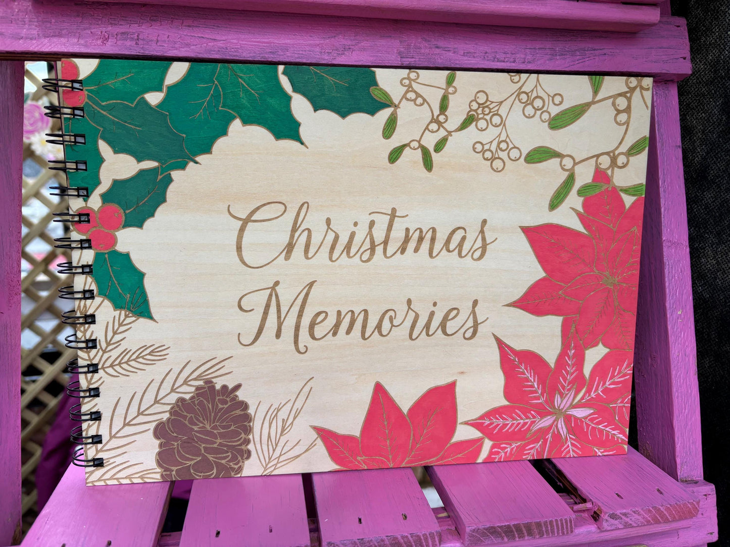 Personalised Engraved and Hand Painted Wooden Christmas Photo Album, Xmas Memories, Guestbook - Resplendent Aurora