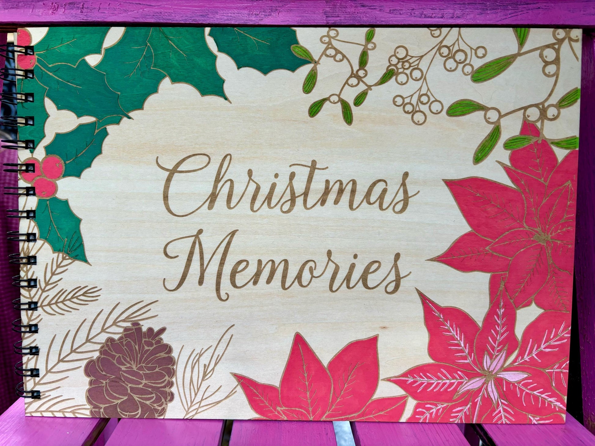 Personalised Engraved and Hand Painted Wooden Christmas Photo Album, Xmas Memories, Guestbook - Resplendent Aurora