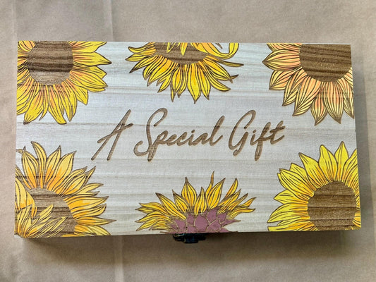 Engraved and Paint Your Own Wooden Gift Box with Personalised Message. Multiple designs - Sunflowers, Roses, Ferns, Crayons - Resplendent Aurora