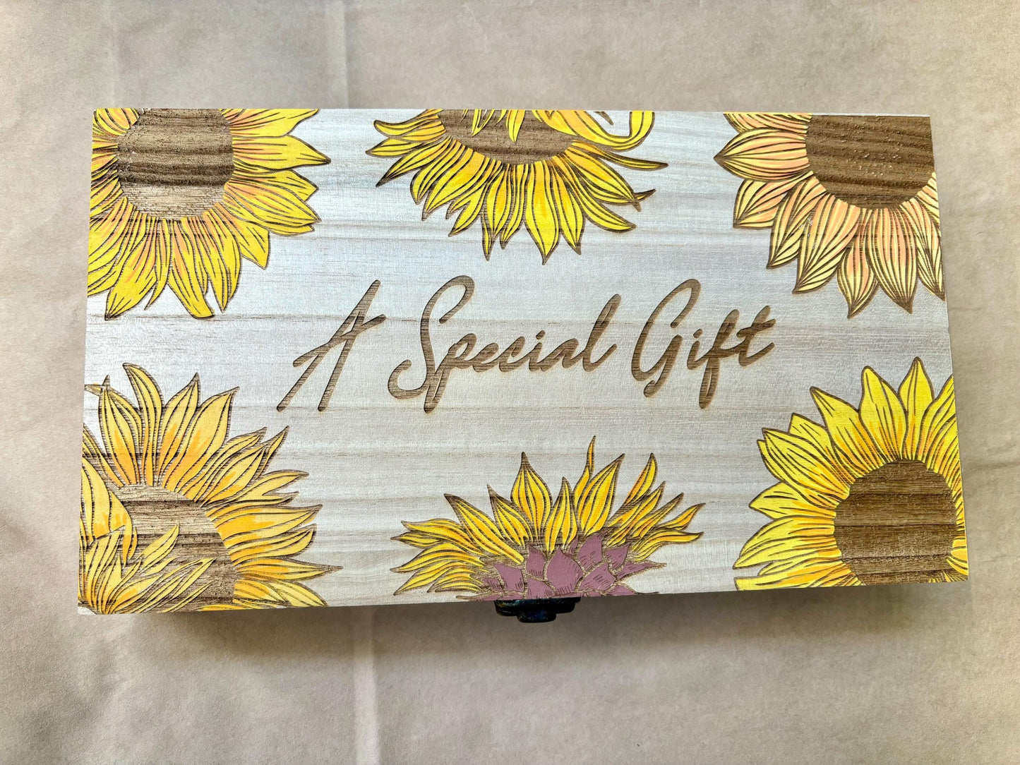 Engraved and Hand Painted Wooden Gift Box with Personalised Message. Multiple designs - Sunflowers, Roses, Ferns, Crayons - Resplendent Aurora