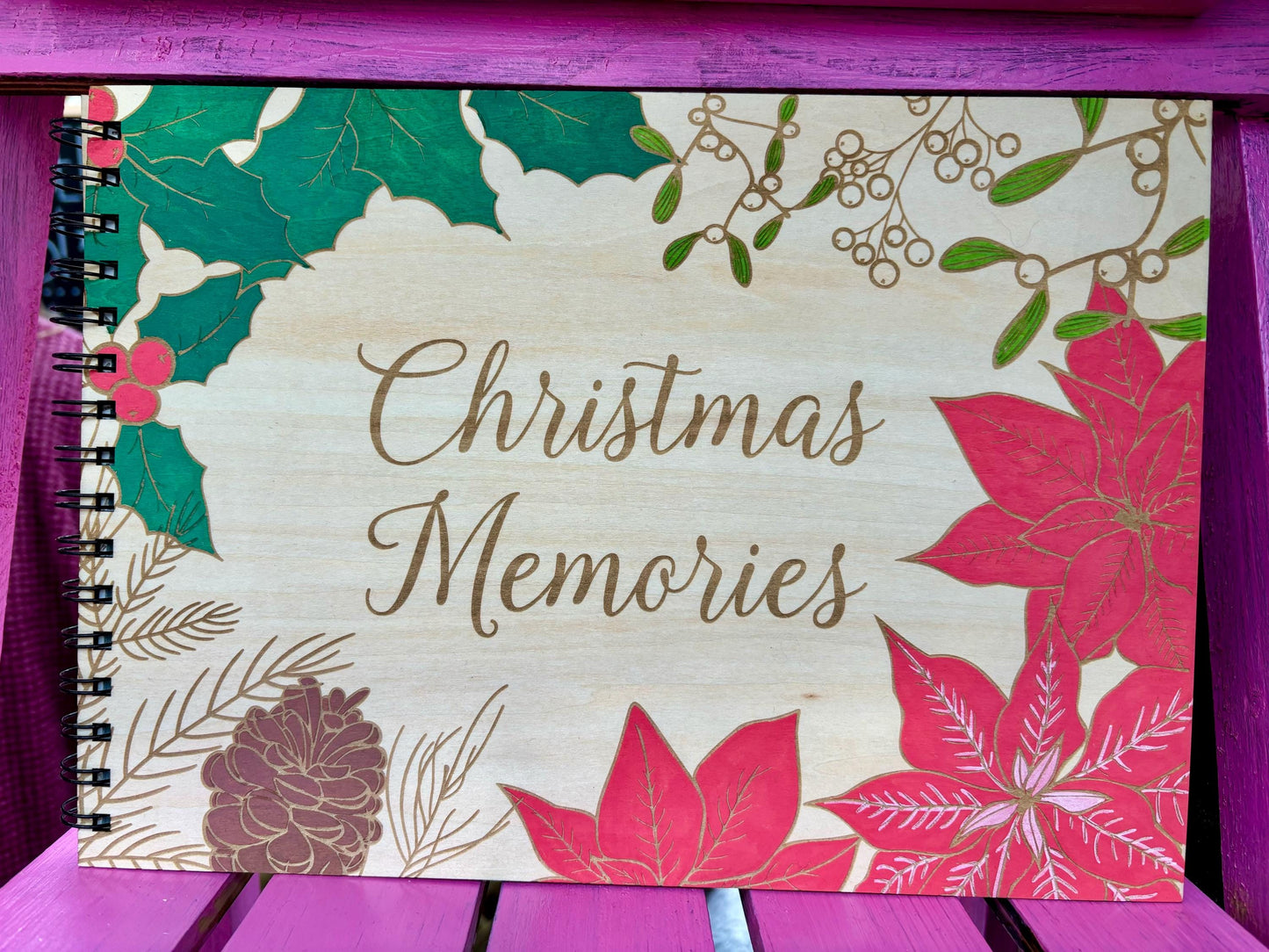 Personalised Engraved and Hand Painted Wooden Christmas Photo Album, Xmas Memories, Guestbook - Resplendent Aurora