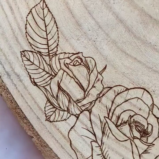 Personalised Engraved Wood Slice, Wedding Cake Display Board with Roses