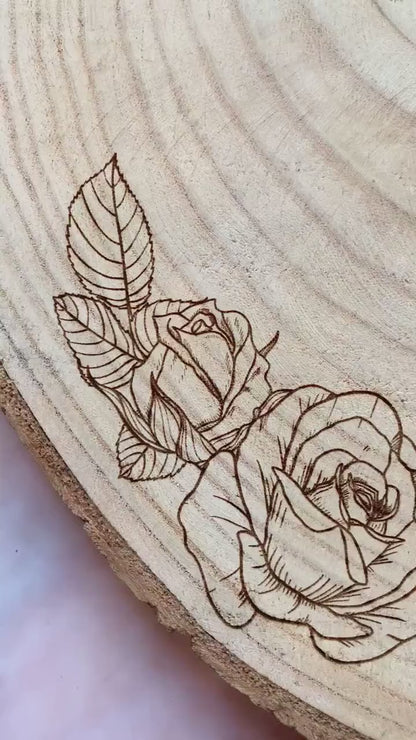 Personalised Engraved Wood Slice, Wedding Cake Display Board with Roses