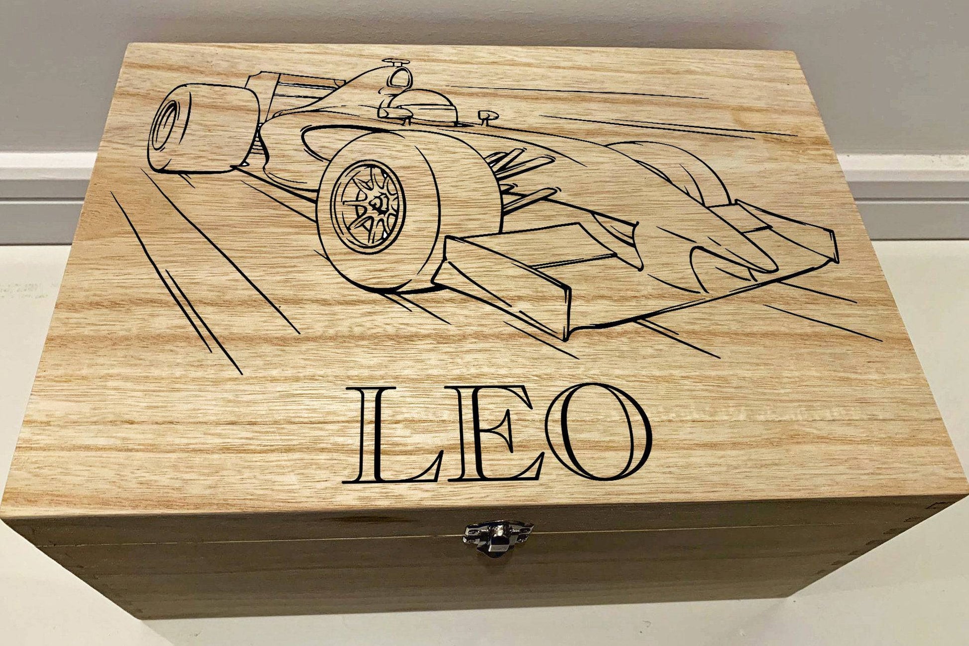 Resplendent Aurora | Personalised Childrens Keepsake Box with Racing Car