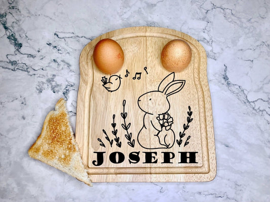 Personalised Dippy Egg Board with Easter Bunny and Song Bird - Resplendent Aurora