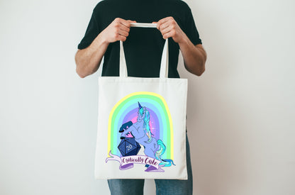 Critically Cute Rainbow Unicorn D20 White Tote Bag - Resplendent Aurora
