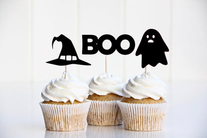 Resplendent Aurora | Halloween Cupcake Cake Toppers, 12 Pack, Boo, Ghost, Witches Hat, Spider, Pumpkin, Bat