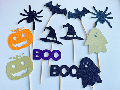 Resplendent Aurora | Halloween Cupcake Cake Toppers, 12 Pack, Boo, Ghost, Witches Hat, Spider, Pumpkin, Bat