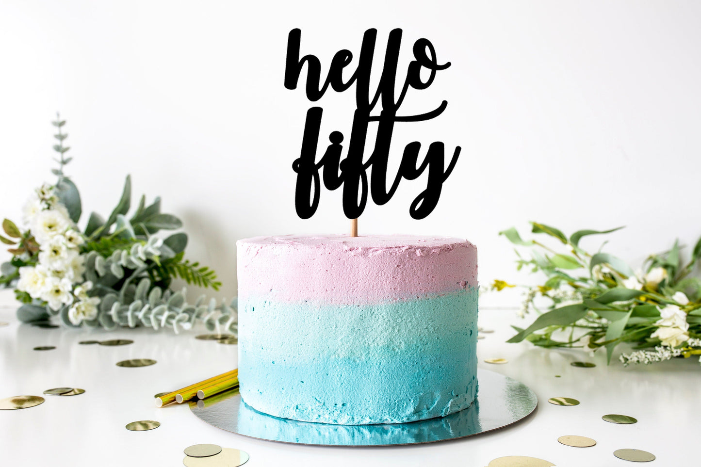 Resplendent Aurora | Hello Fifty Age Fiftieth 50th Birthday Cake Topper