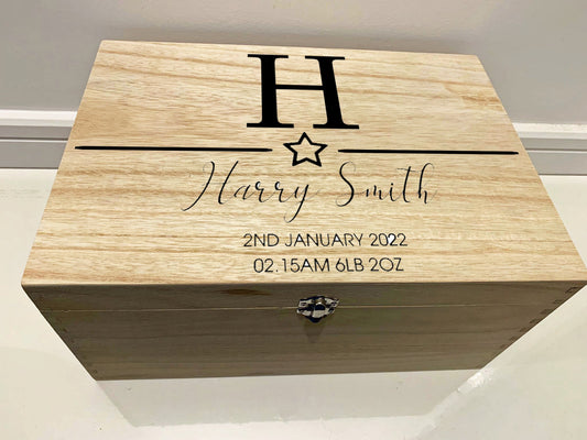 Large Personalised Engraved Wooden Baby Initial Keepsake Memory Box with Stars - Resplendent Aurora