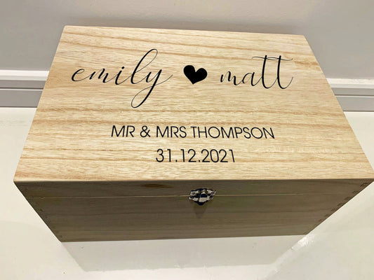 Large Personalised Engraved Wooden Wedding Keepsake Memory Box with Heart - Resplendent Aurora