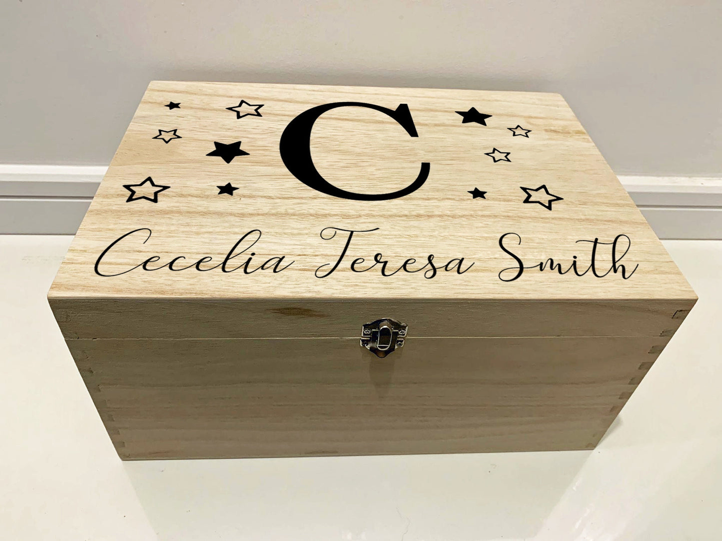 Large Personalised Engraved Wooden Initial Keepsake Memory Box with Stars - Resplendent Aurora