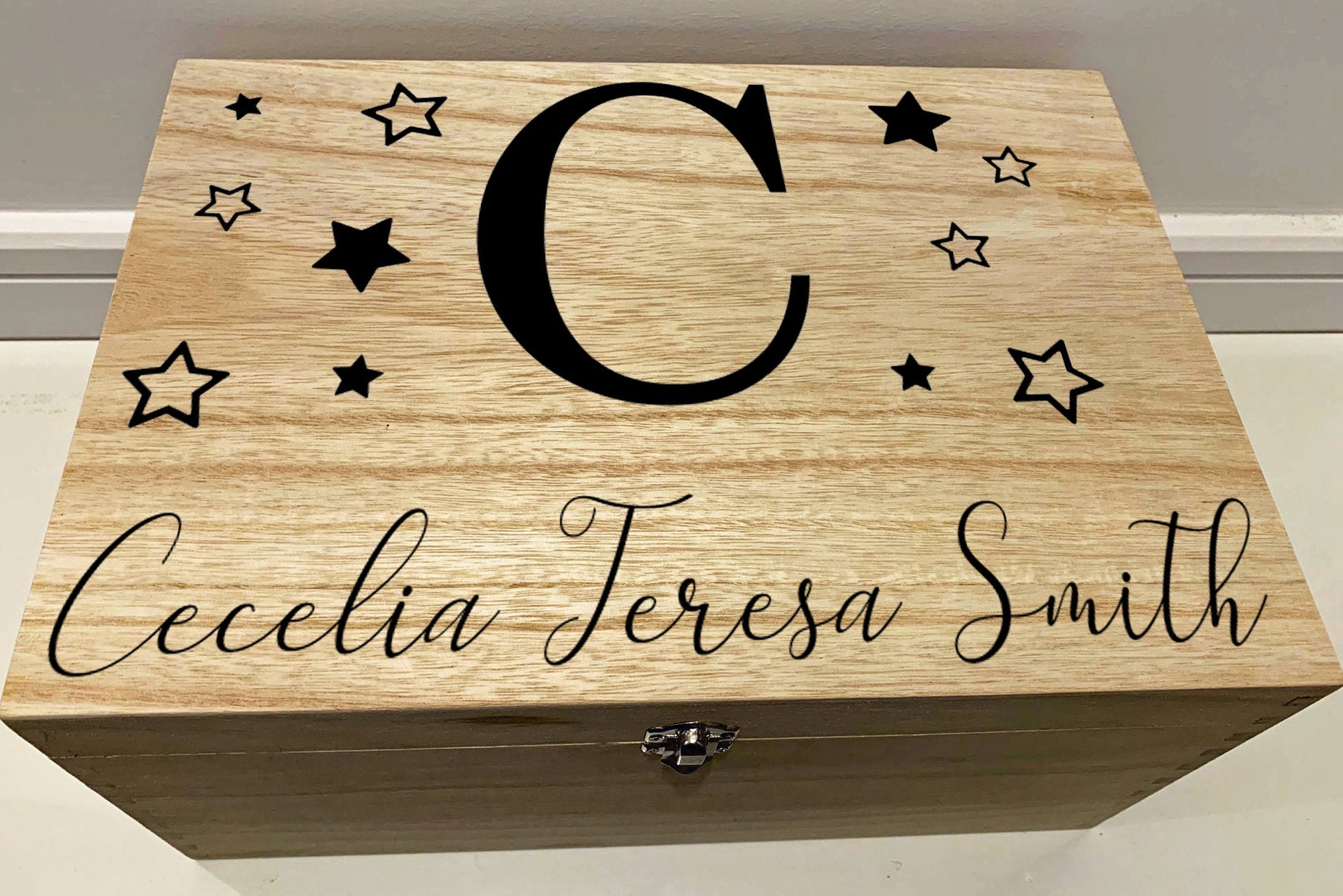 Large Personalised Engraved Wooden Initial Keepsake Memory Box with Stars - Resplendent Aurora