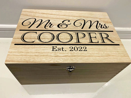 Large Personalised Engraved Wooden Mr and Mrs Keepsake Memory Box - Resplendent Aurora