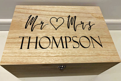 Large Personalised Engraved Wooden Mr and Mrs Keepsake Memory Box with Heart - Resplendent Aurora