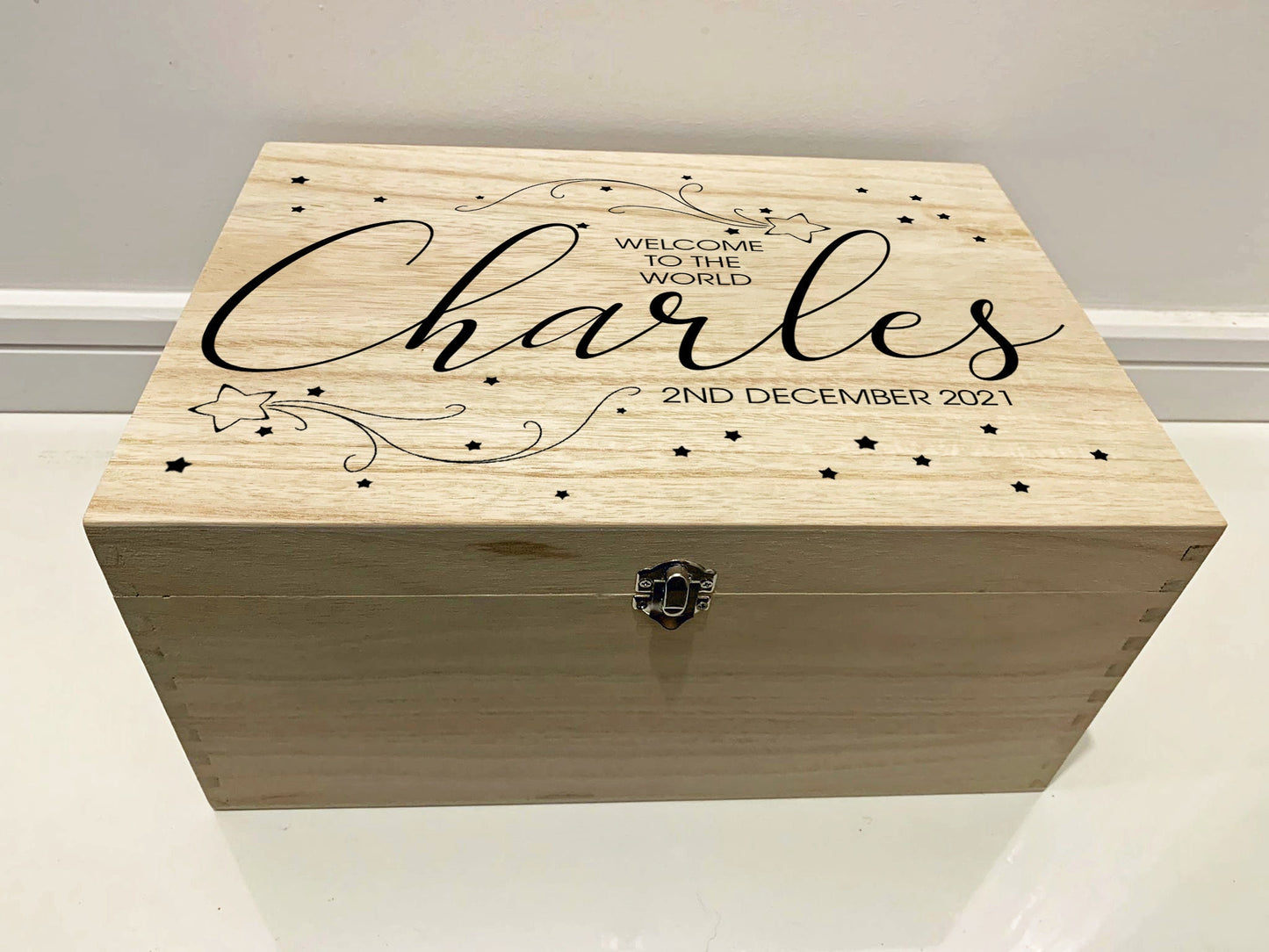 Large Personalised Engraved Wooden Baby Keepsake Memory Box with Shooting Stars - Resplendent Aurora