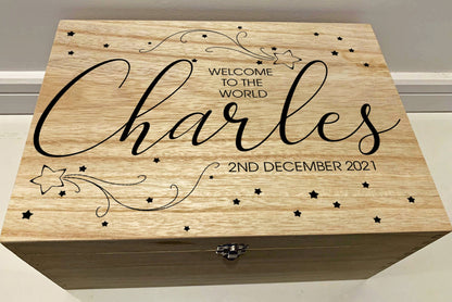 Large Personalised Engraved Wooden Baby Keepsake Memory Box with Shooting Stars - Resplendent Aurora