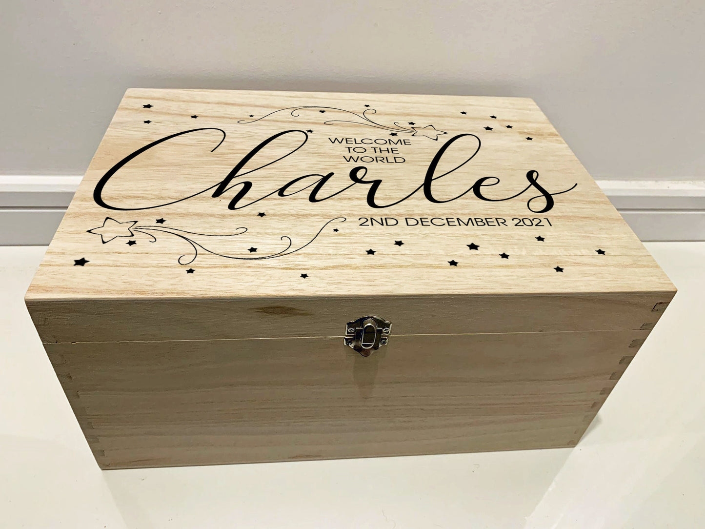 Large Personalised Engraved Wooden Baby Keepsake Memory Box with Shooting Stars - Resplendent Aurora