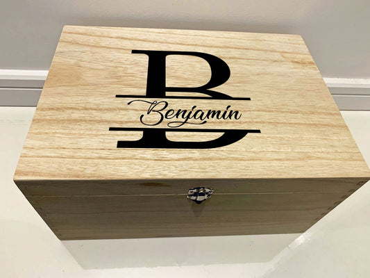 Large Personalised Engraved Wooden Keepsake Memory Box with Split Monogram - Resplendent Aurora