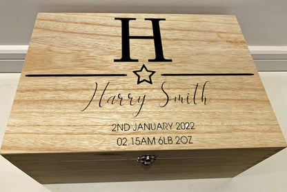 Large Personalised Engraved Wooden Baby Initial Keepsake Memory Box with Stars - Resplendent Aurora