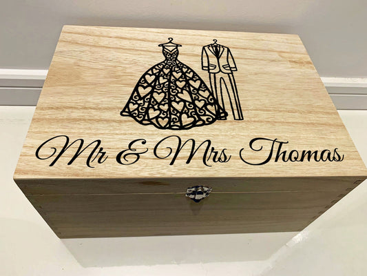 Large Personalised Engraved Wooden Mr & Mrs Wedding Keepsake Memory Box with Wedding Dress - Resplendent Aurora