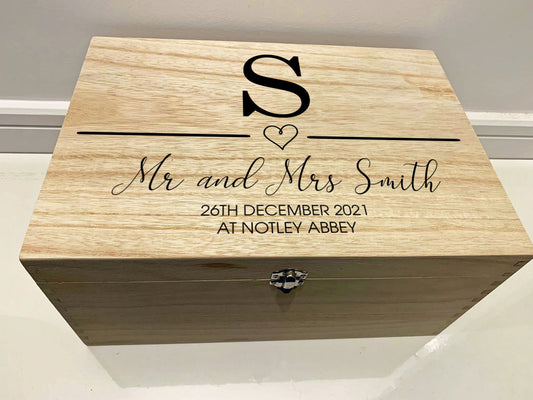 Large Personalised Engraved Wooden Wedding Initial Keepsake Memory Box with Heart - Resplendent Aurora
