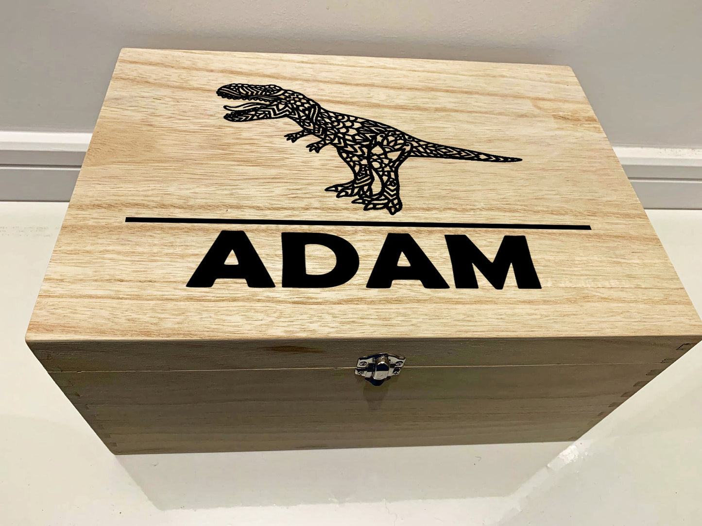 Large Personalised Engraved Wooden Dinosaur Keepsake Memory Box with T Rex, Stegosaurus or Triceratops - Resplendent Aurora