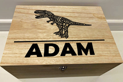 Large Personalised Engraved Wooden Dinosaur Keepsake Memory Box with T Rex, Stegosaurus or Triceratops - Resplendent Aurora
