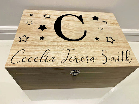 Large Personalised Engraved Wooden Initial Keepsake Memory Box with Stars - Resplendent Aurora