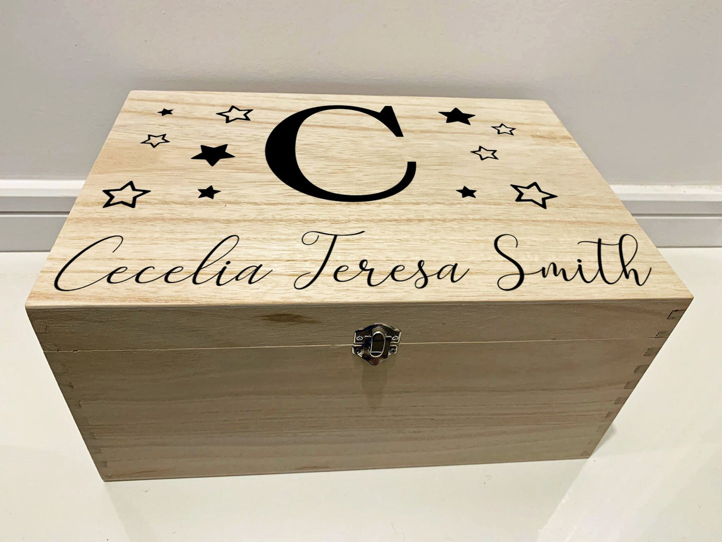 Large Personalised Engraved Wooden Initial Keepsake Memory Box with Stars - Resplendent Aurora