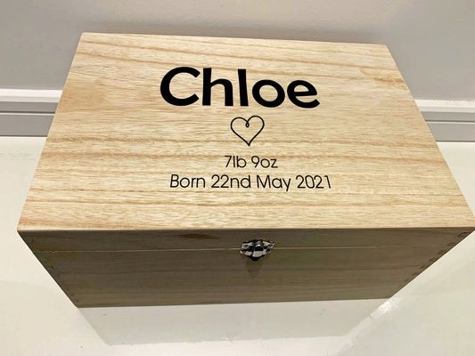 Large Personalised Engraved Wooden Baby Initial Keepsake Memory Box with Heart - Resplendent Aurora