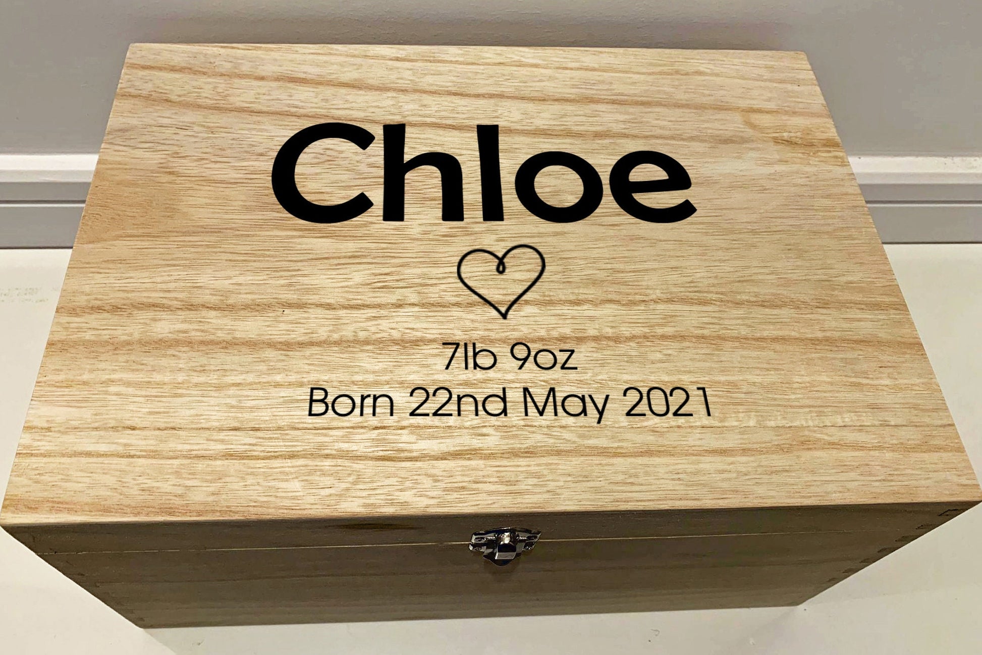 Large Personalised Engraved Wooden Baby Initial Keepsake Memory Box with Heart - Resplendent Aurora