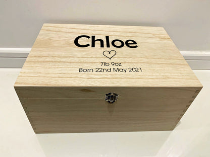 Large Personalised Engraved Wooden Baby Initial Keepsake Memory Box with Heart - Resplendent Aurora