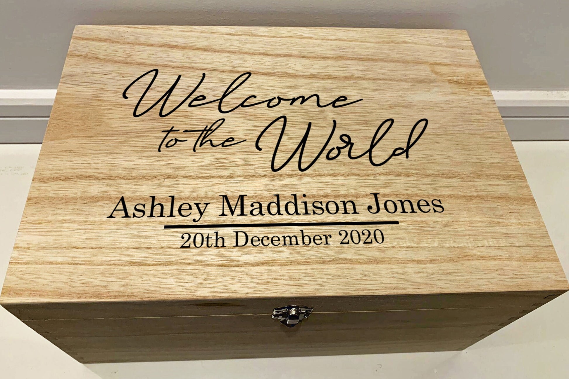 Large Personalised Engraved Wooden Baby Keepsake Memory Box, Welcome to the World - Resplendent Aurora