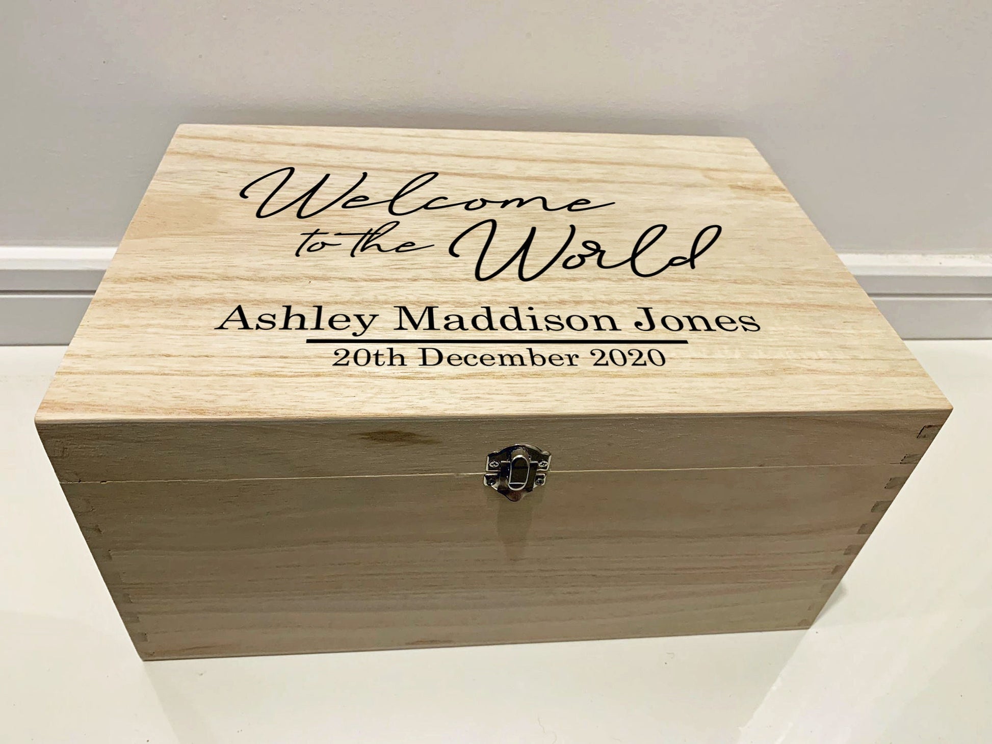Large Personalised Engraved Wooden Baby Keepsake Memory Box, Welcome to the World - Resplendent Aurora