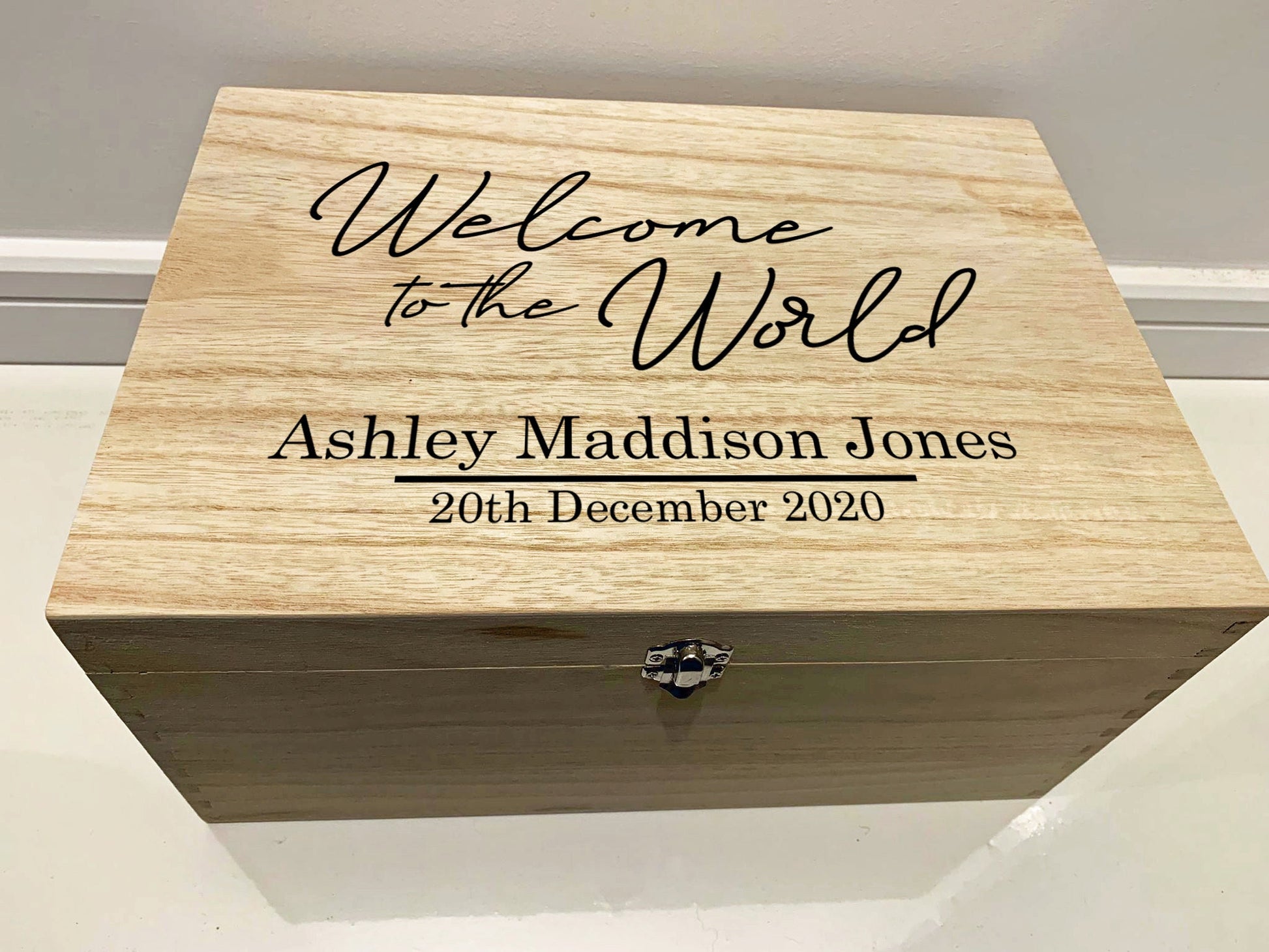 Large Personalised Engraved Wooden Baby Keepsake Memory Box, Welcome to the World - Resplendent Aurora