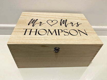 Large Personalised Engraved Wooden Mr and Mrs Keepsake Memory Box with Heart - Resplendent Aurora