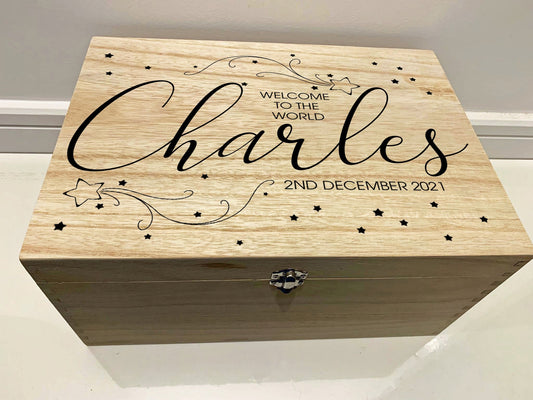 Large Personalised Engraved Wooden Baby Keepsake Memory Box with Shooting Stars - Resplendent Aurora
