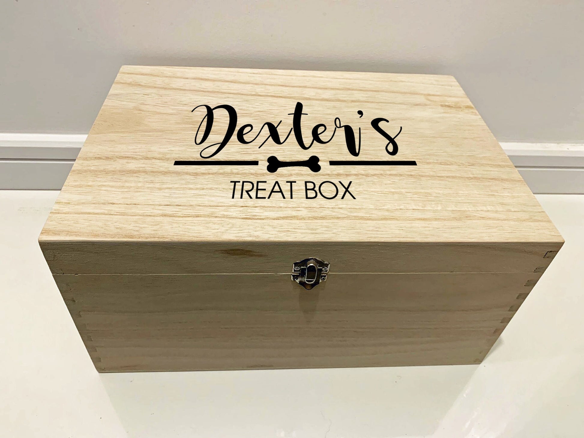 Resplendent Aurora | Large Personalised Engraved Wooden Keepsake Memory Box, Pet Dog Treat, Toy Box with Dog Bone