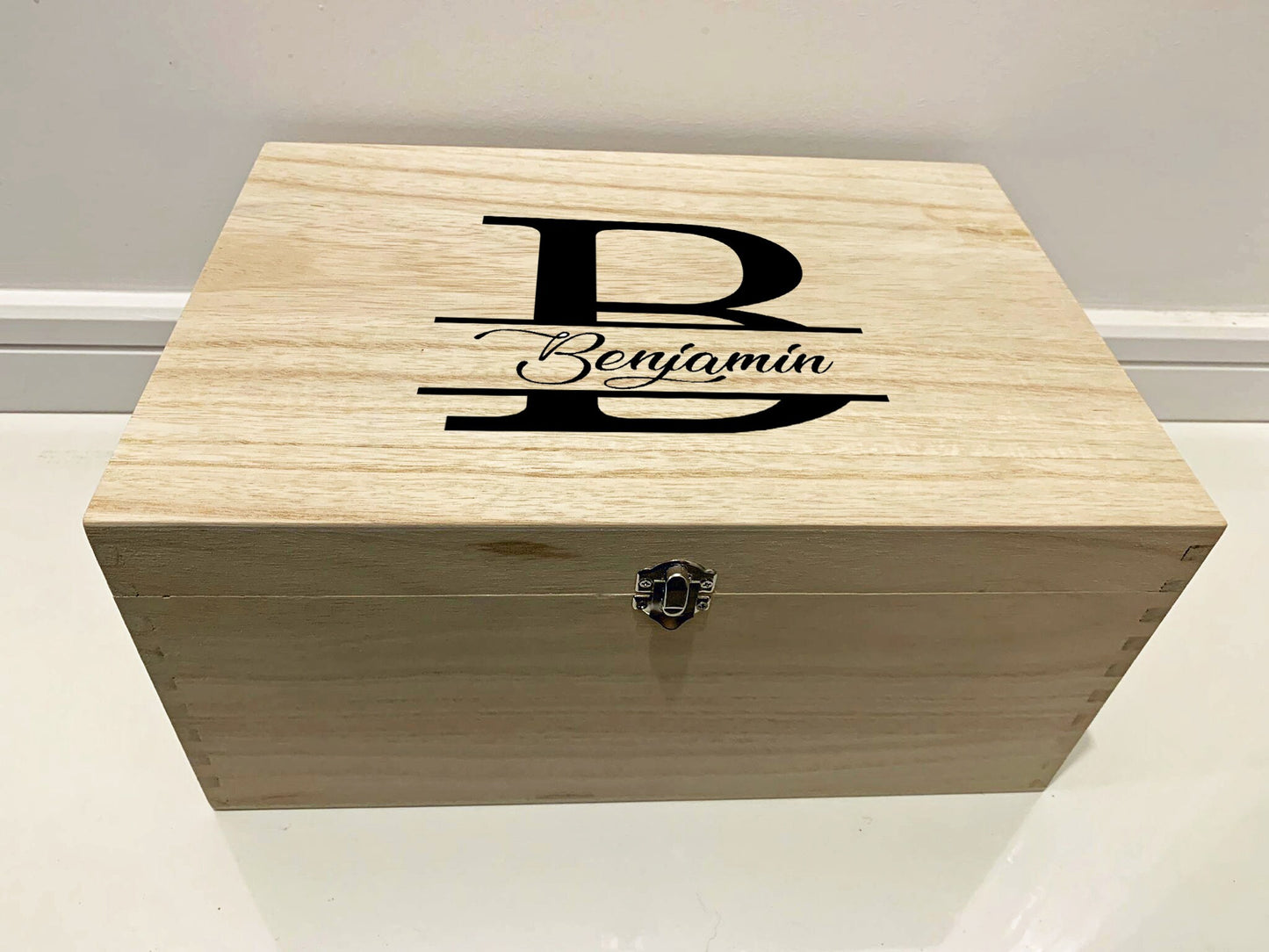 Large Personalised Engraved Wooden Keepsake Memory Box with Split Monogram - Resplendent Aurora