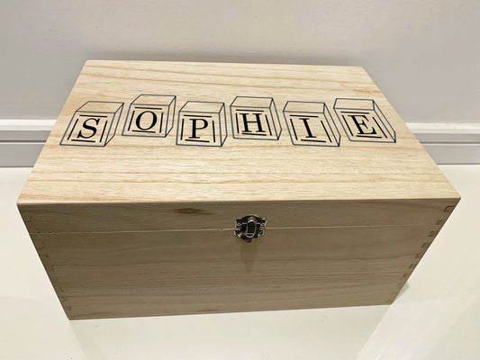 Large Personalised Engraved Wooden Baby Keepsake Memory Box with Toy Bricks - Resplendent Aurora