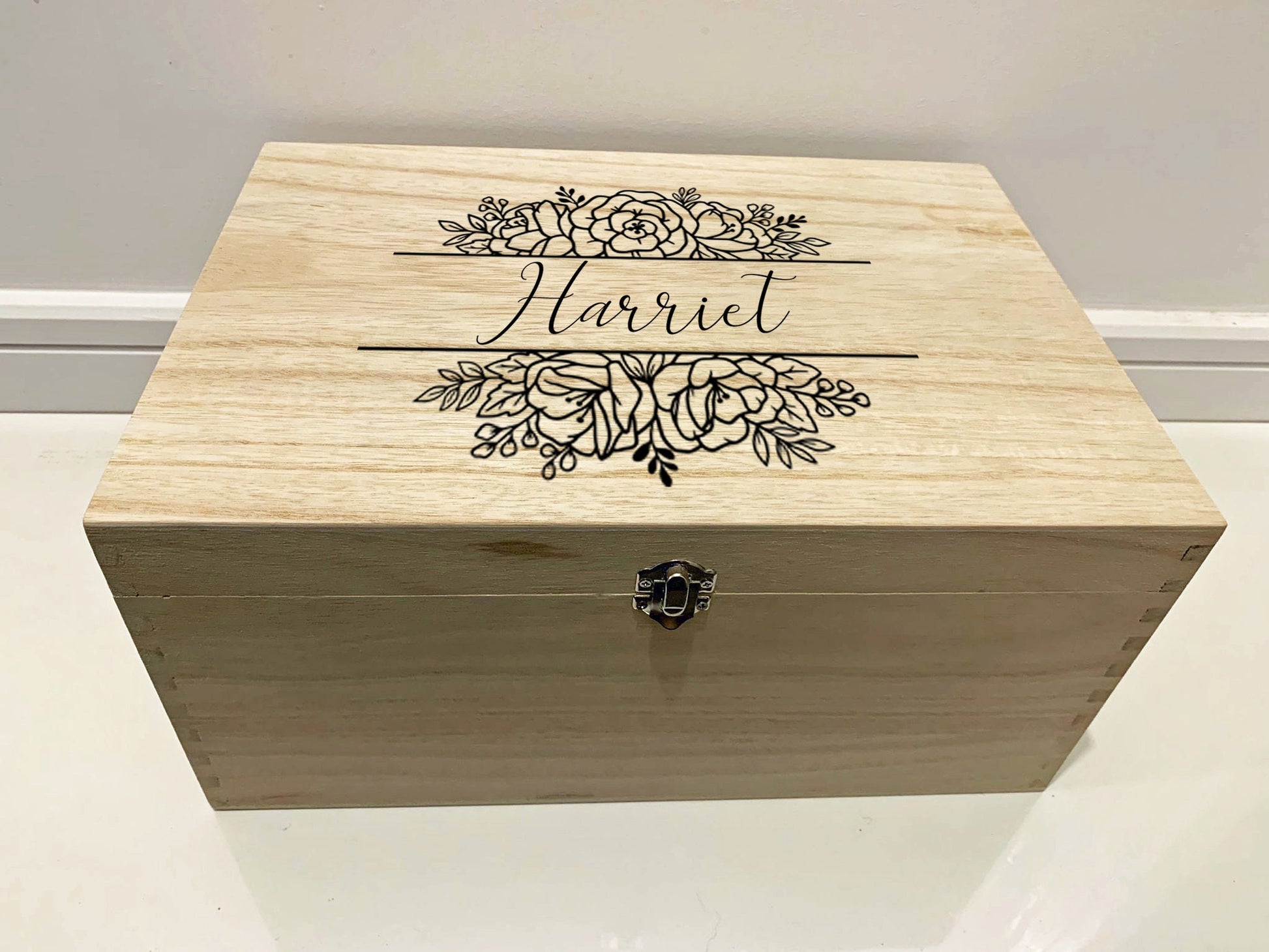 Large Personalised Engraved Floral Wooden Name Keepsake Memory Box with Roses - Resplendent Aurora