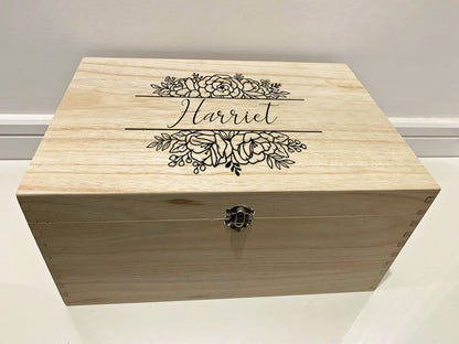 Large Personalised Engraved Floral Wooden Name Keepsake Memory Box with Roses - Resplendent Aurora