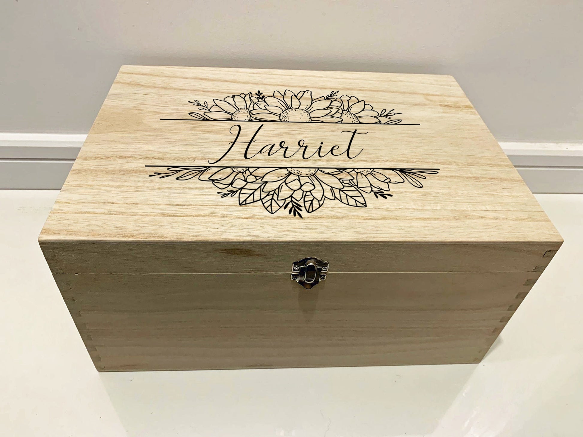 Large Personalised Engraved Floral Wooden Name Keepsake Memory Box with Sunflowers - Resplendent Aurora