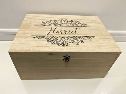 Large Personalised Engraved Floral Wooden Name Keepsake Memory Box with Sunflowers - Resplendent Aurora