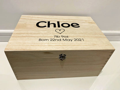 Large Personalised Engraved Wooden Baby Initial Keepsake Memory Box with Heart - Resplendent Aurora