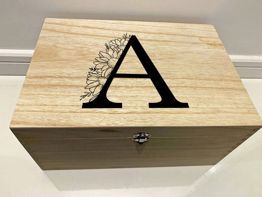 Large Personalised Engraved Floral Wooden Initial Keepsake Memory Box with Sunflowers - Resplendent Aurora